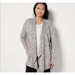 AnyBody Burnout French Terry Cardigan Drape Front Smokey Taupe Womens Large